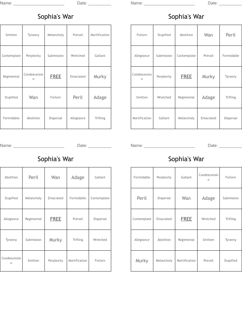 Sophia's War Bingo Cards