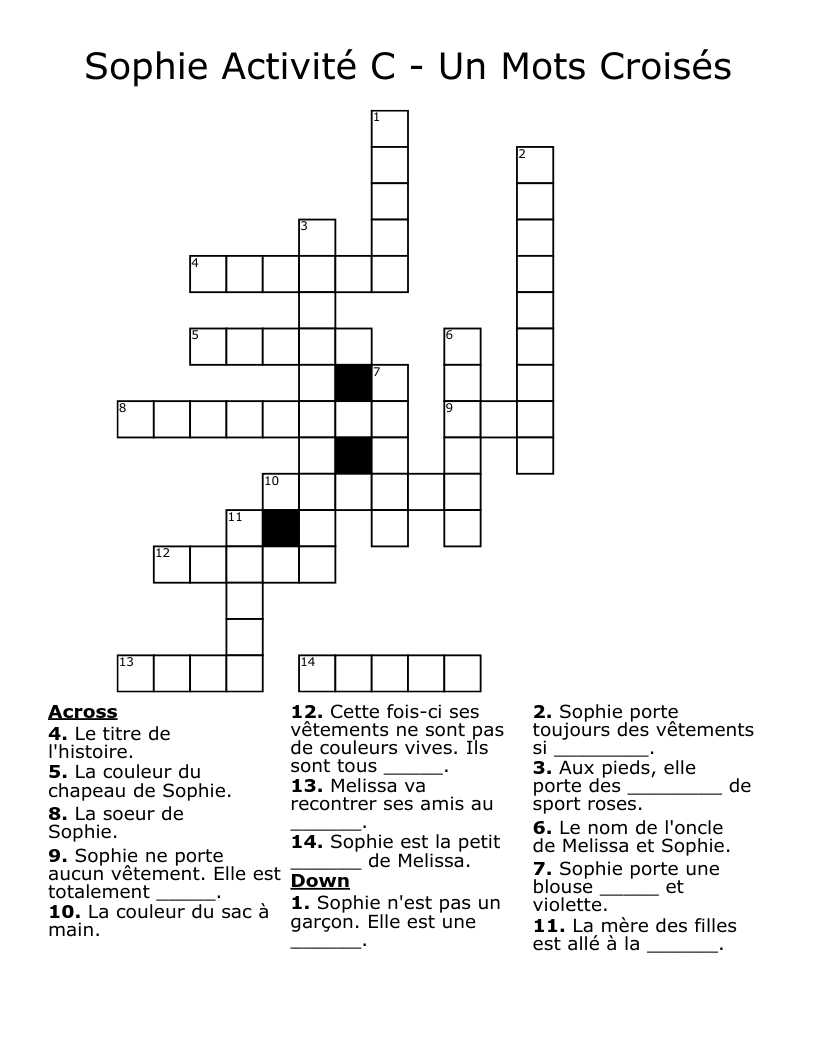 Sophie Activité C - Un Mots Croisés Crossword