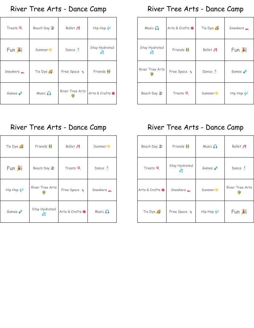 River Tree Arts - Dance Camp Bingo Cards