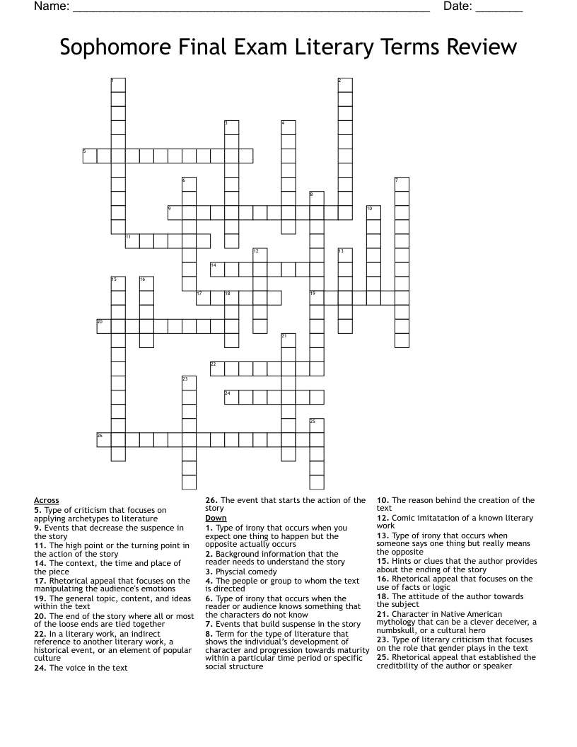 Sophomore Final Exam Literary Terms Review Crossword