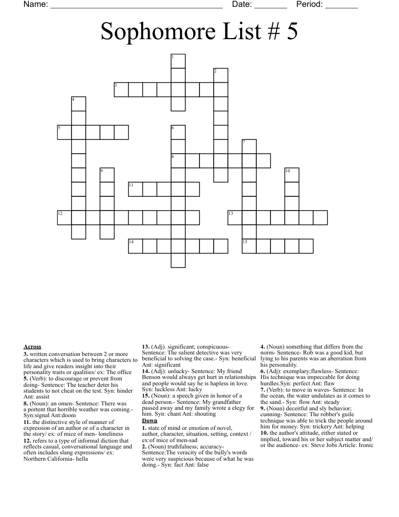 Sophomore List # 5 Crossword