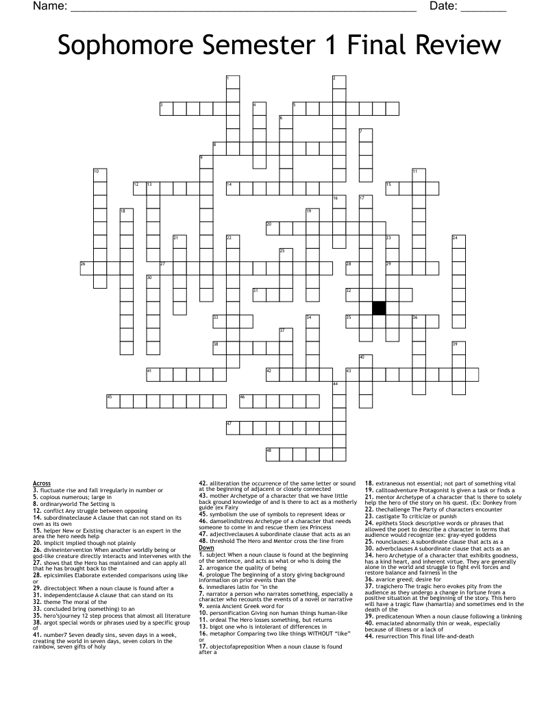 Sophomore Semester 1 Final Review Crossword