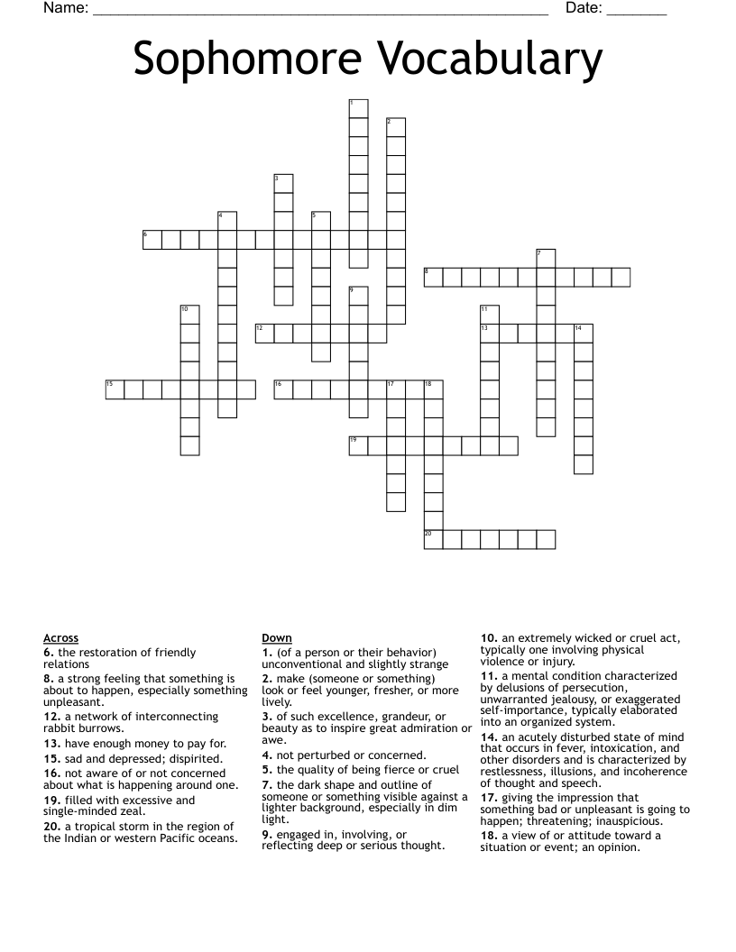 Sophomore Vocabulary Crossword