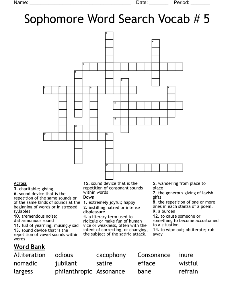 Sophomore Word Search Vocab # 5 Crossword