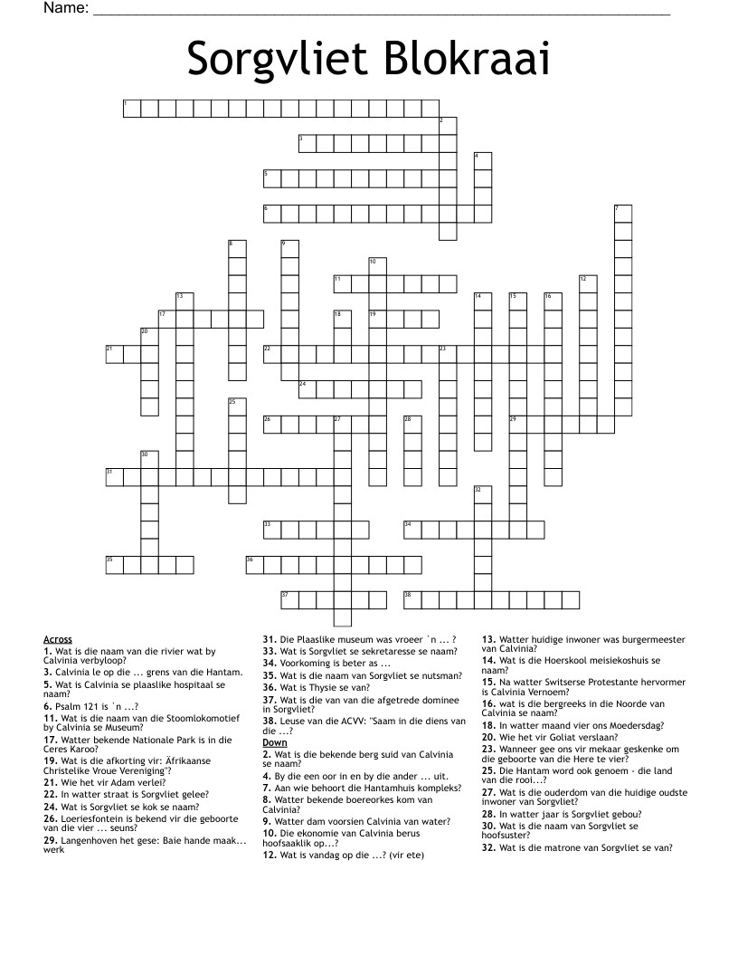 Sorgvliet Blokraai Crossword