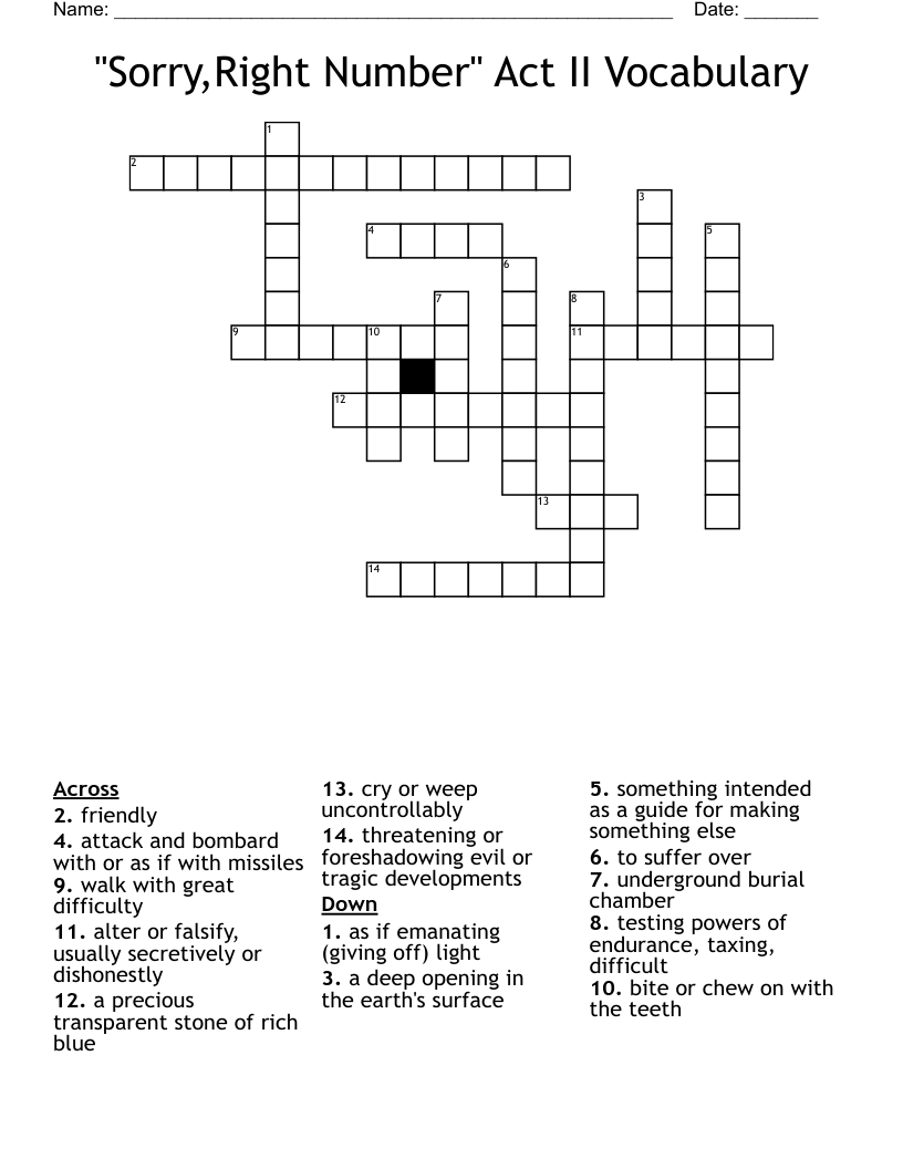 "Sorry,Right Number" Act II Vocabulary Crossword