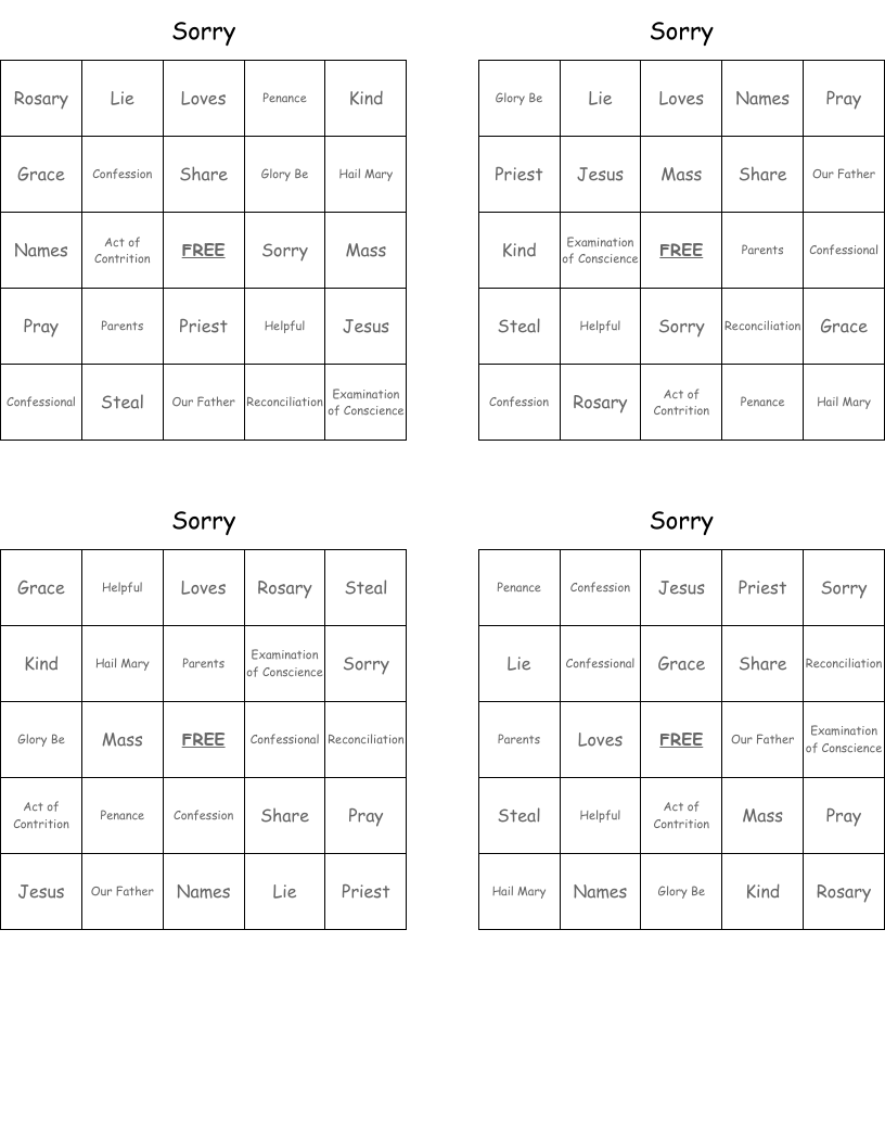 Sorry Bingo Cards