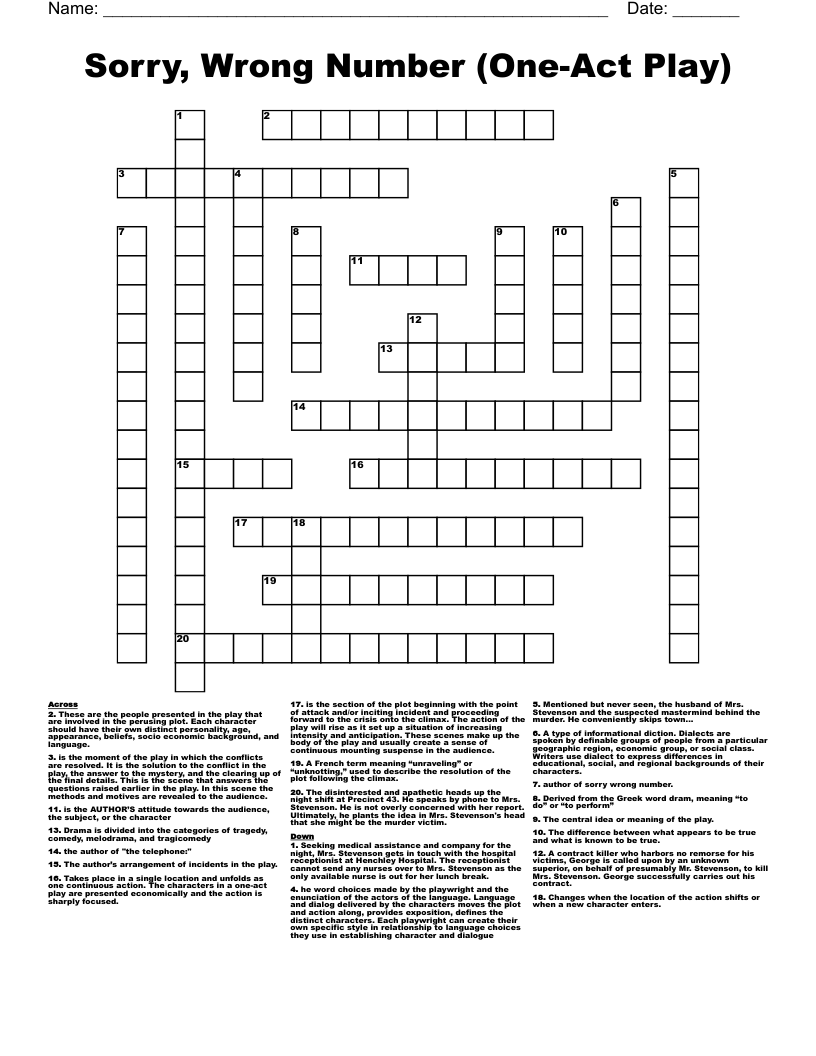 Sorry, Wrong Number (One-Act Play) Crossword