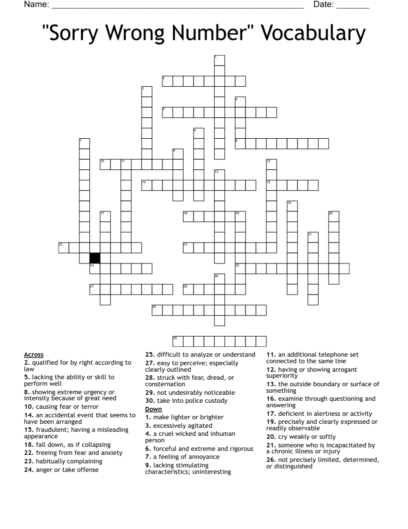 "Sorry Wrong Number" Vocabulary Crossword