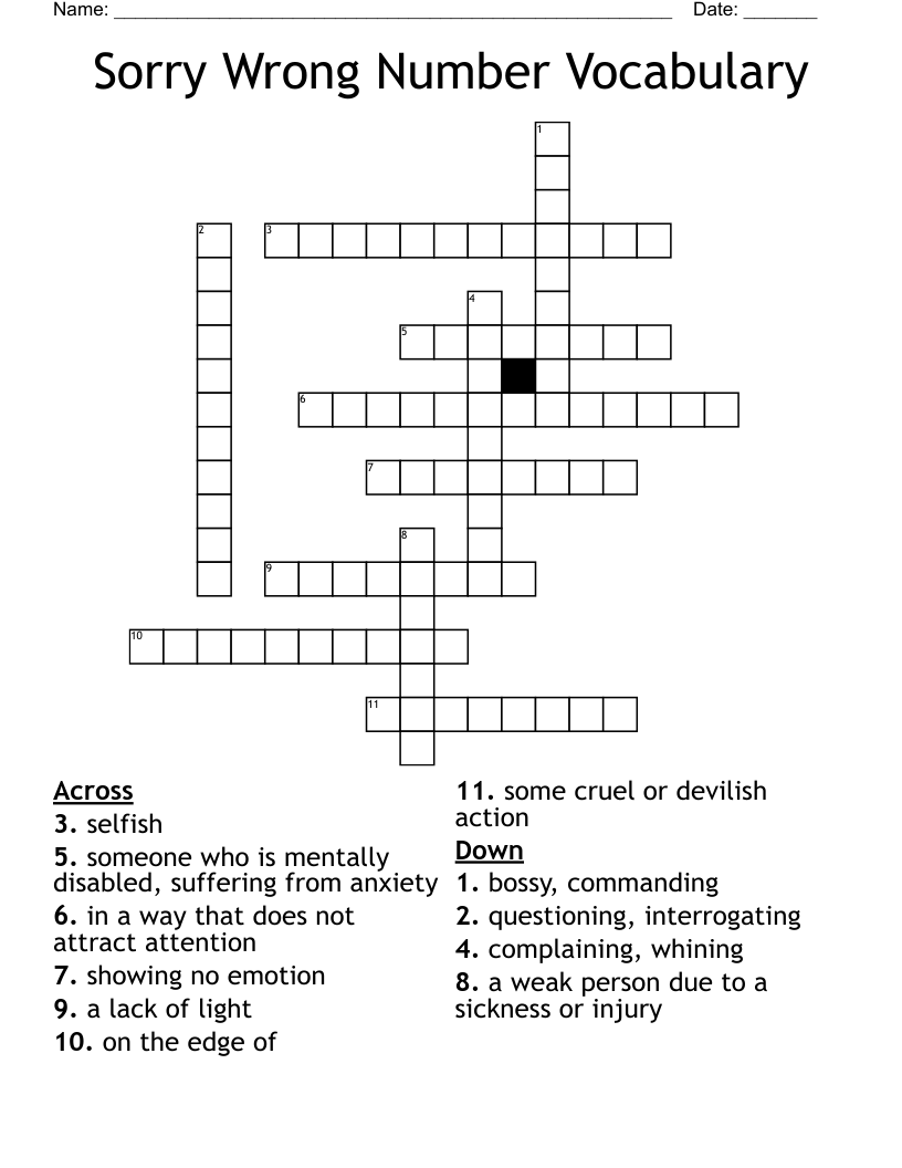Sorry Wrong Number Vocabulary Crossword