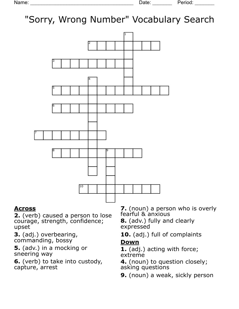 "Sorry, Wrong Number" Vocabulary Search Crossword