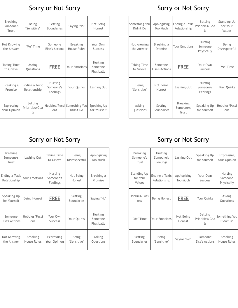 Sorry or Not Sorry Bingo Cards