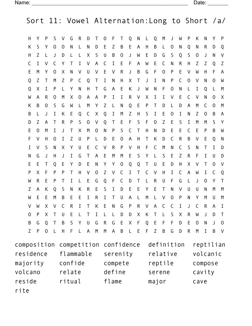 Sort 11: Vowel Alternation:Long to Short /a/ Word Search