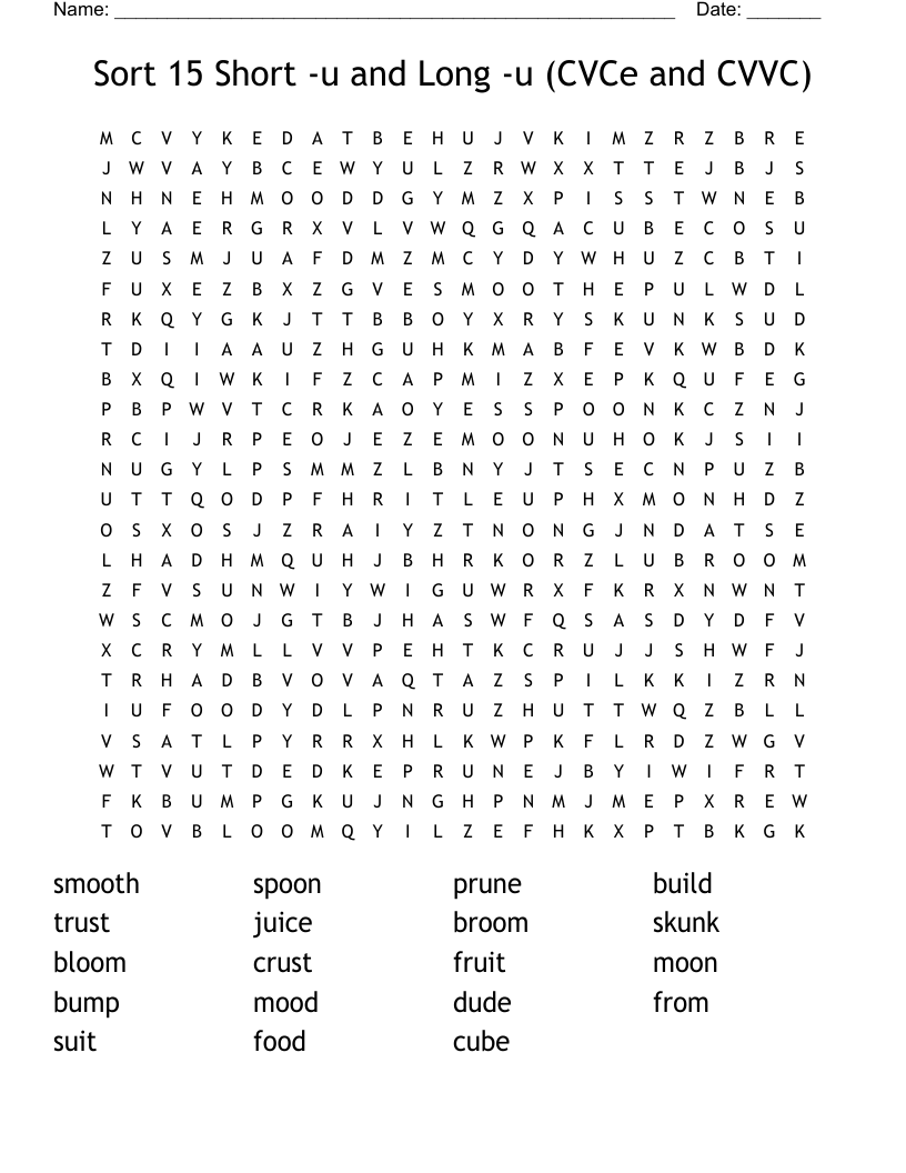Sort 15 Short -u and Long -u (CVCe and CVVC) Word Search
