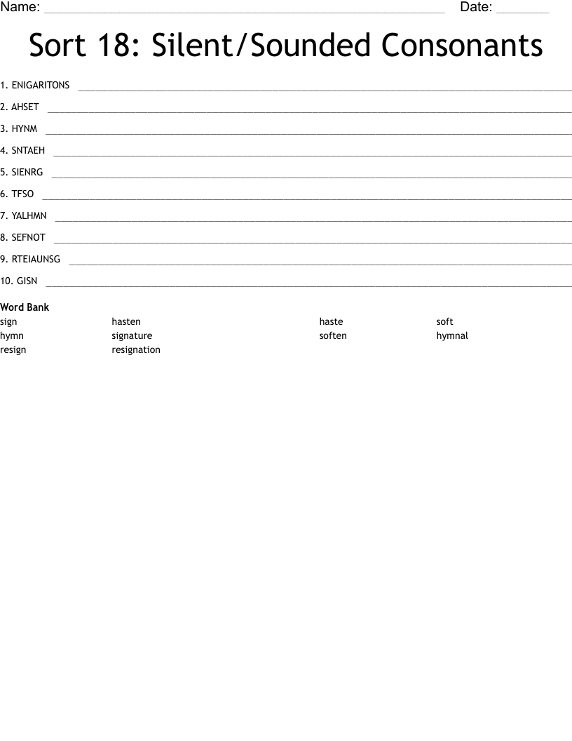 Sort 18: Silent/Sounded Consonants Word Scramble
