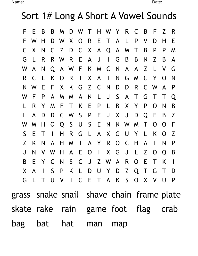 Sort 1# Long A Short A Vowel Sounds Word Search