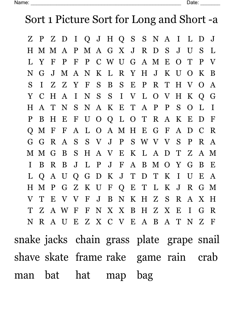 Sort 1 Picture Sort for Long and Short -a Word Search