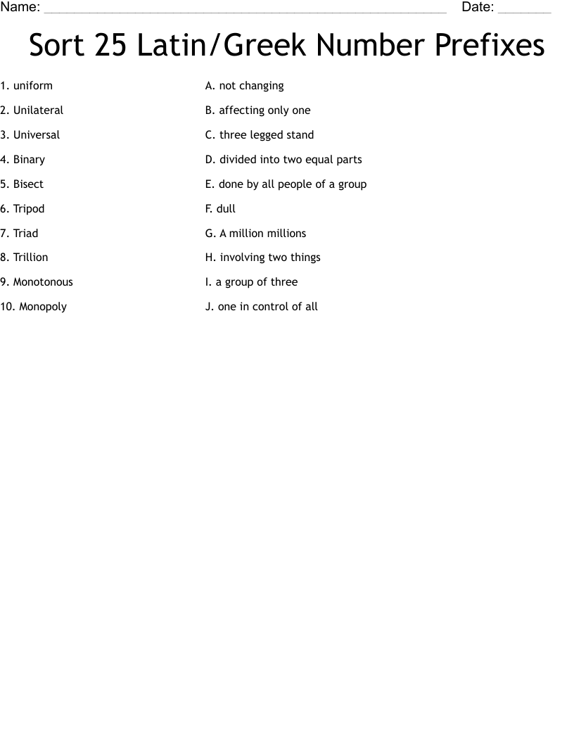 Sort 25 Latin/Greek Number Prefixes Worksheet