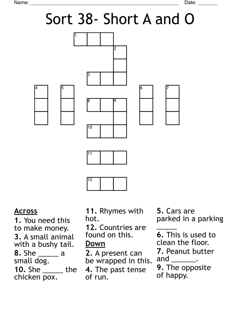 Sort 38- Short A and O Crossword