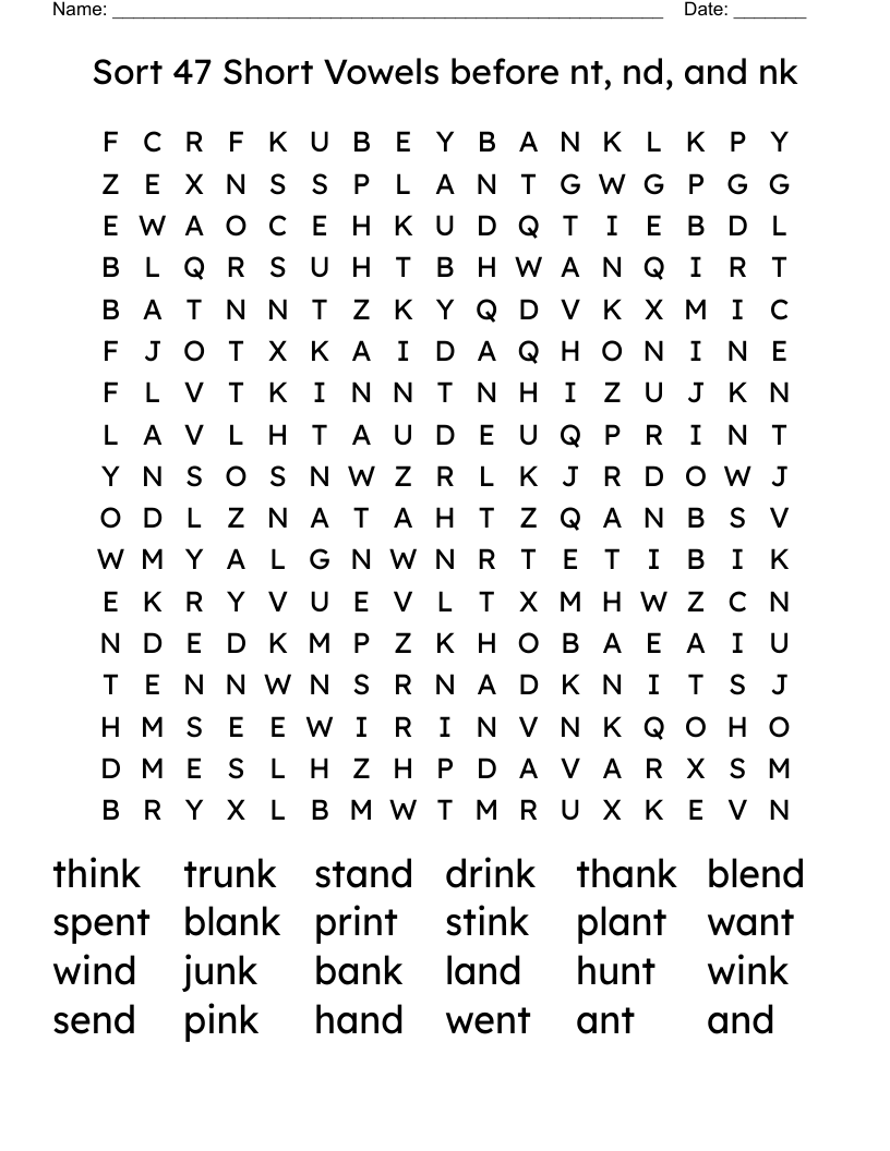 Sort 47 Short Vowels before nt, nd, and nk Word Search