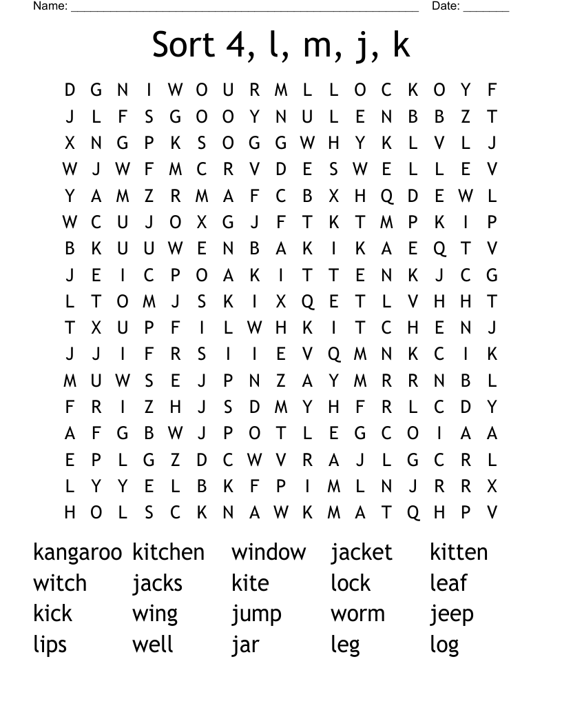 Sort 4, l, m, j, k Word Search
