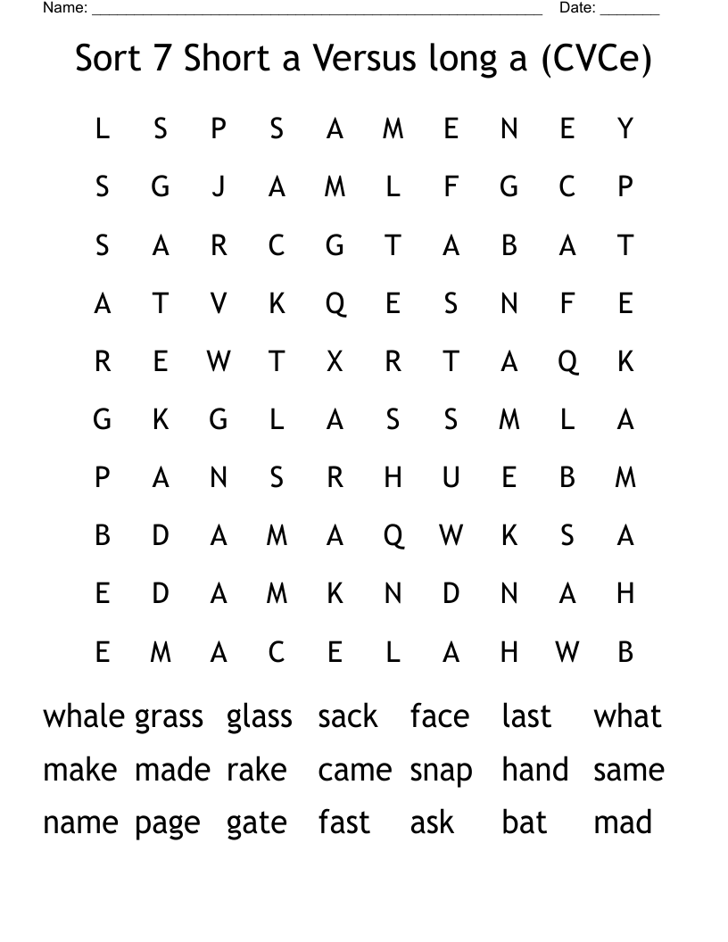 Sort 7 Short a Versus long a (CVCe) Word Search