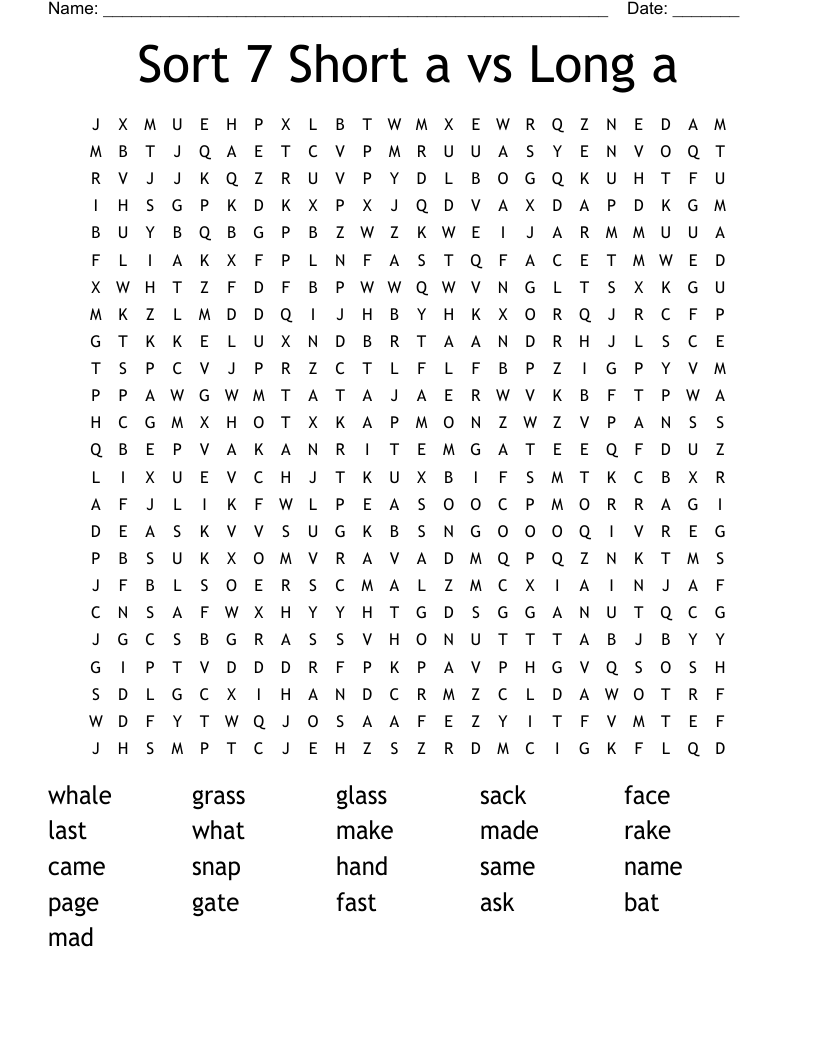 Sort 7 Short a vs Long a Word Search