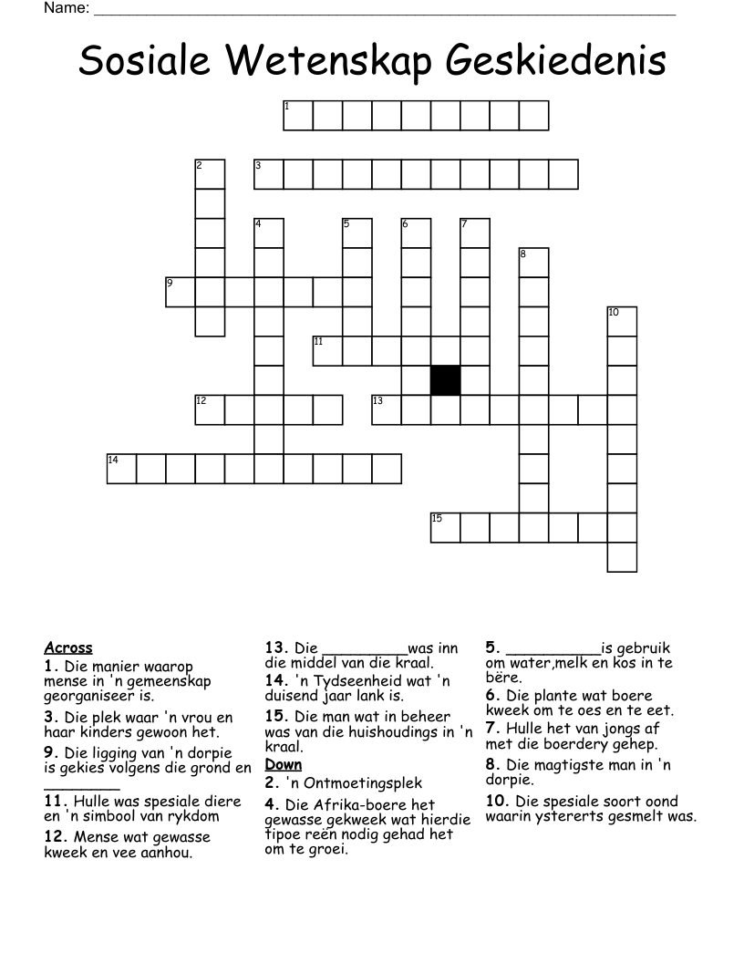Sosiale Wetenskap Geskiedenis Crossword