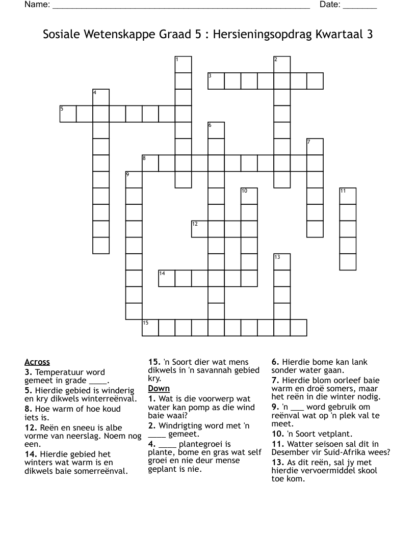 Sosiale Wetenskappe Graad 5 : Hersieningsopdrag Kwartaal 3 Crossword