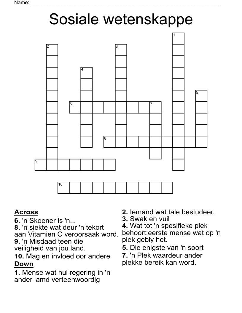 Sosiale wetenskappe Crossword