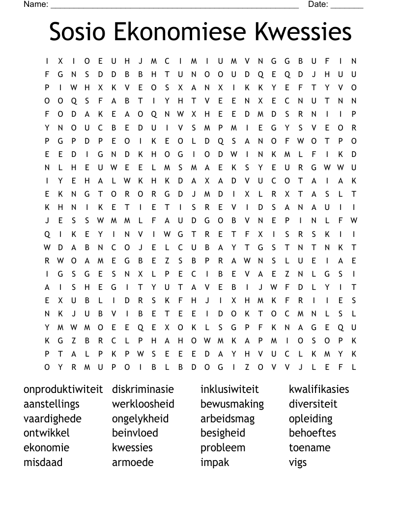 Sosio Ekonomiese Kwessies Word Search