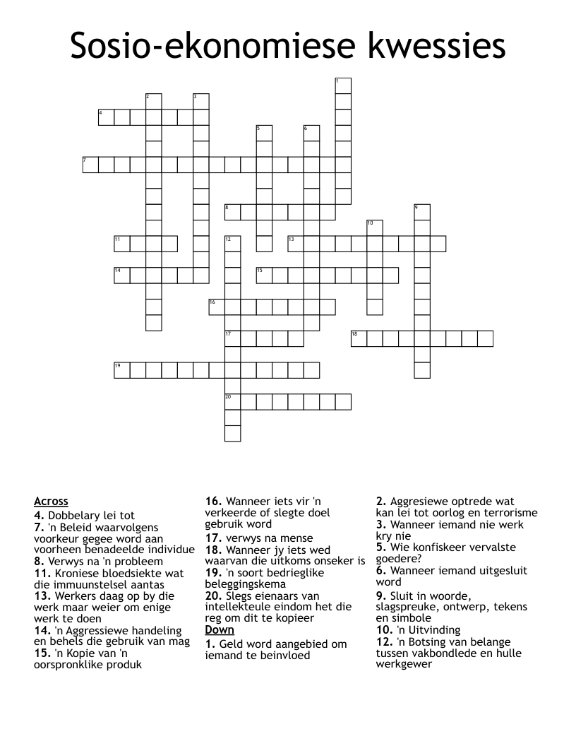 Sosio-ekonomiese kwessies Crossword