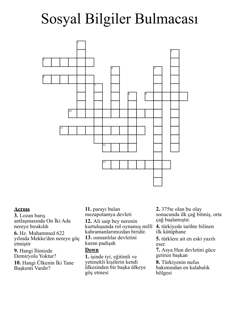 Sosyal Bilgiler Bulmacası Crossword