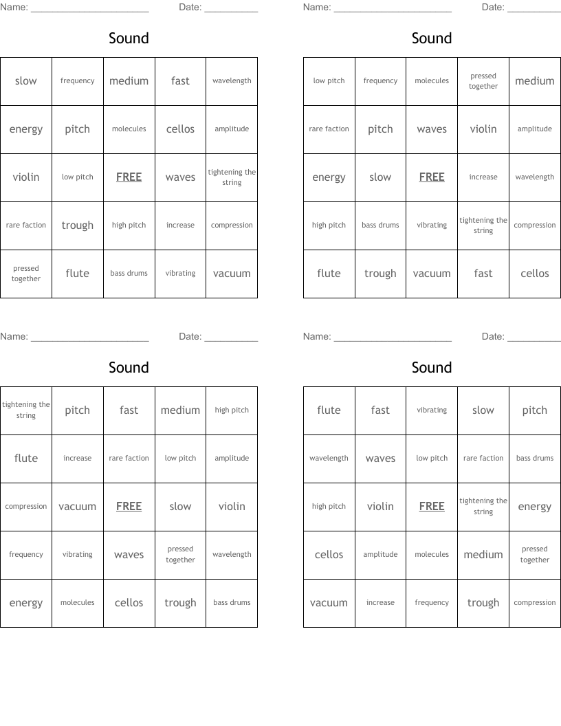 Sound Bingo Cards
