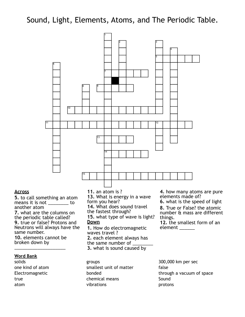 Sound, Light, Elements, Atoms, and The Periodic Table.  Crossword