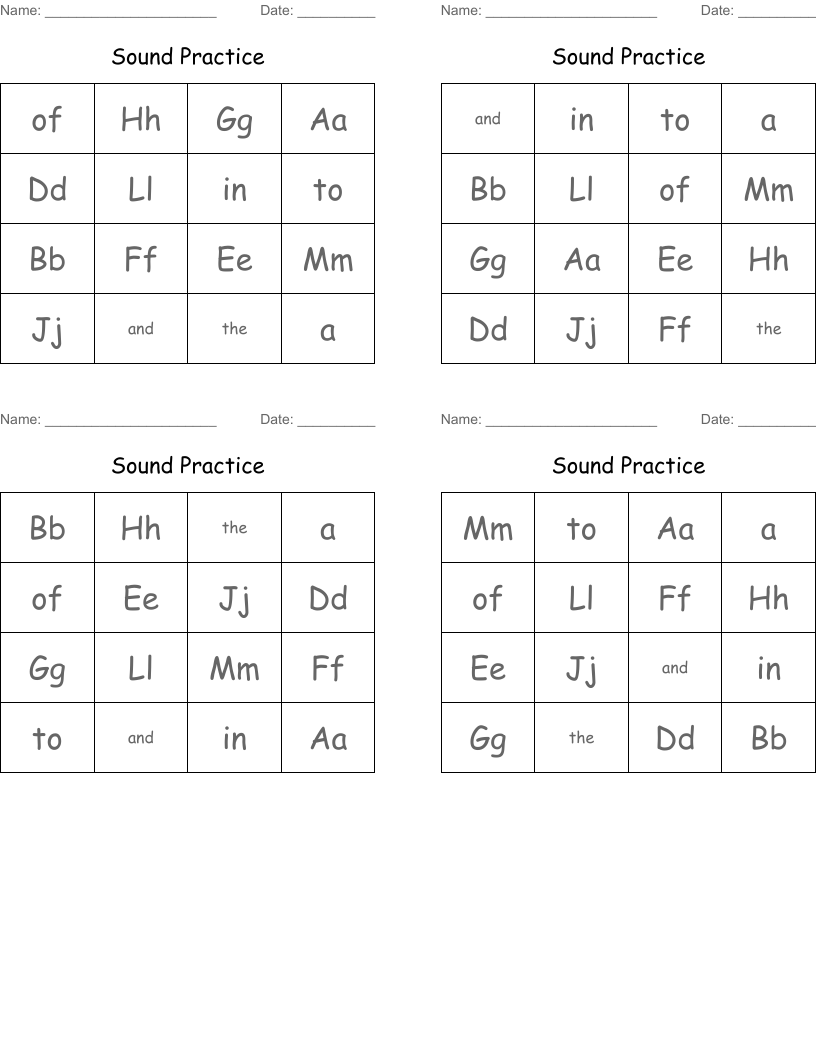 Sound Practice Bingo Cards