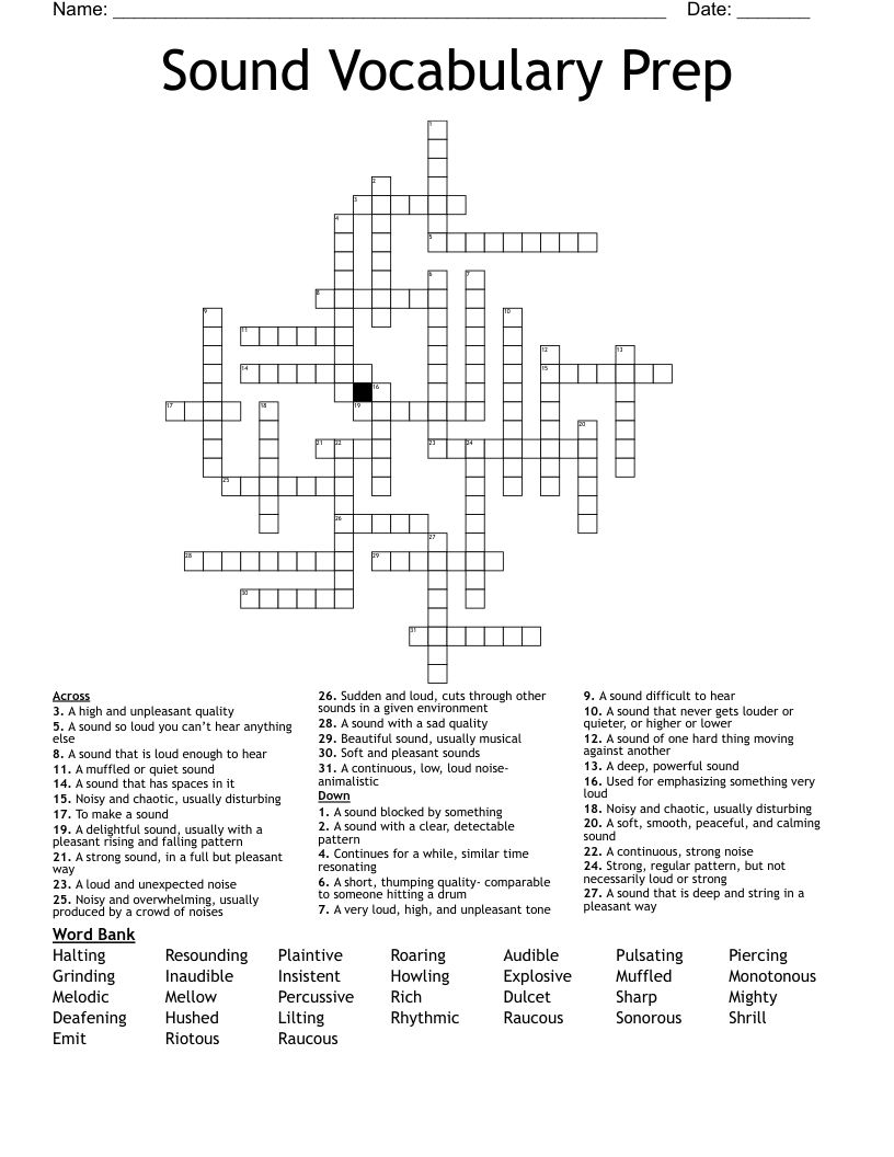 Sound Vocabulary Prep Crossword