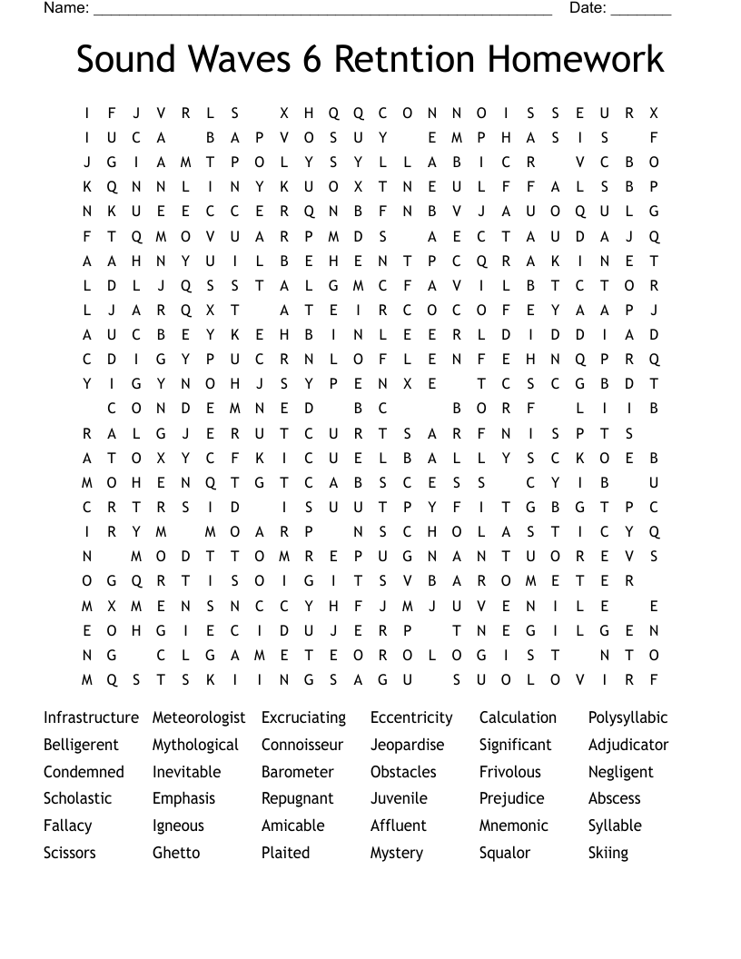 Sound Waves 6 Retntion Homework Word Search