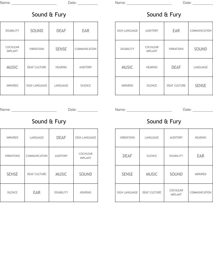 Sound & Fury Bingo Cards