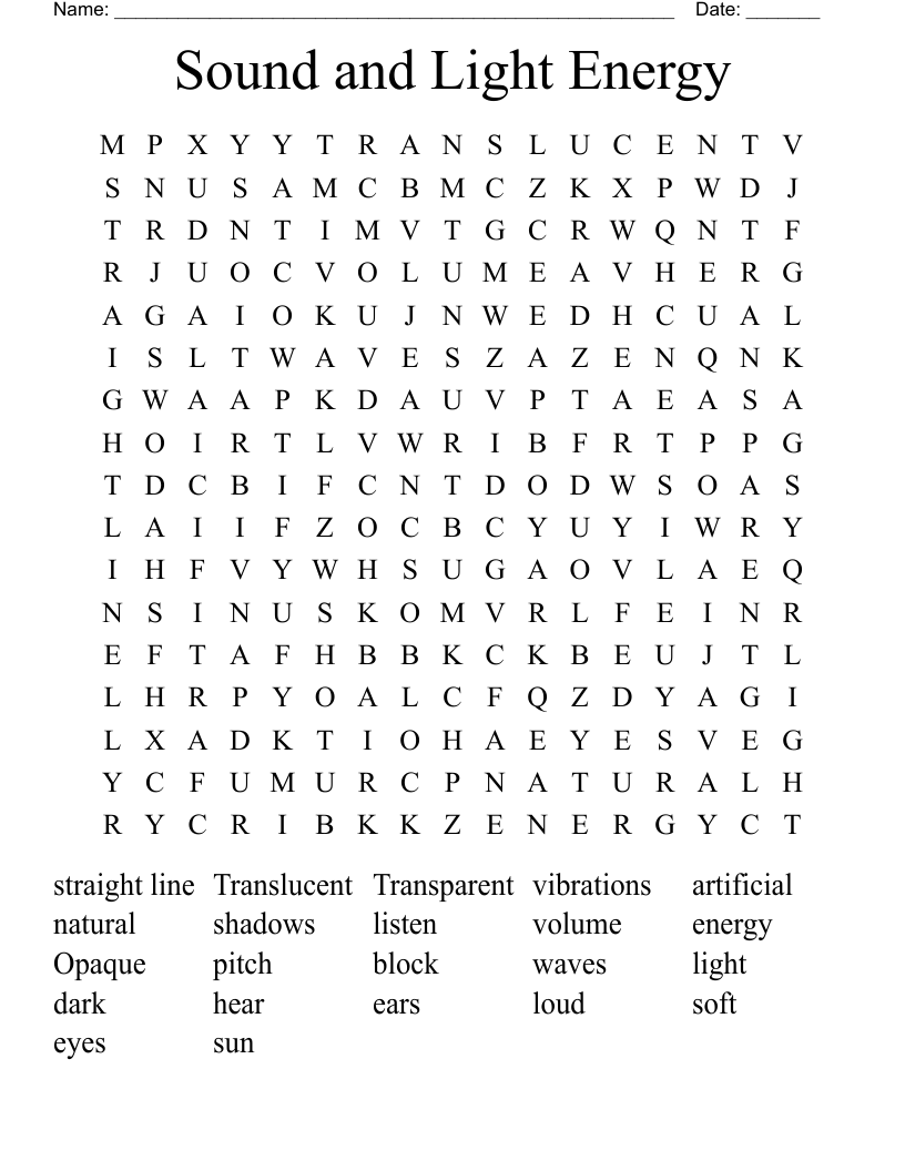 Sound and Light Energy Word Search