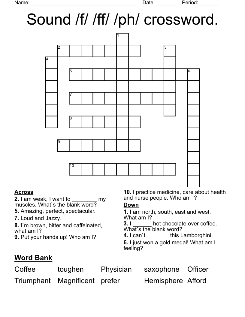 Sound /f/ /ff/ /ph/ crossword.