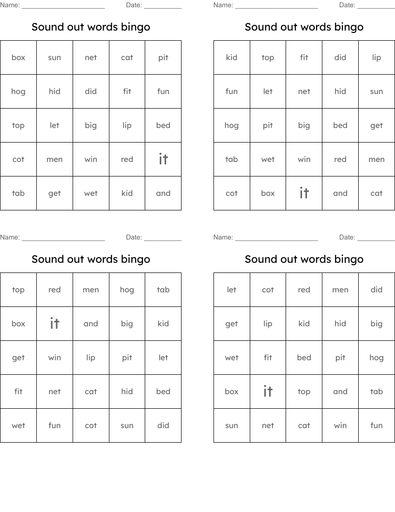 Sound out words bingo