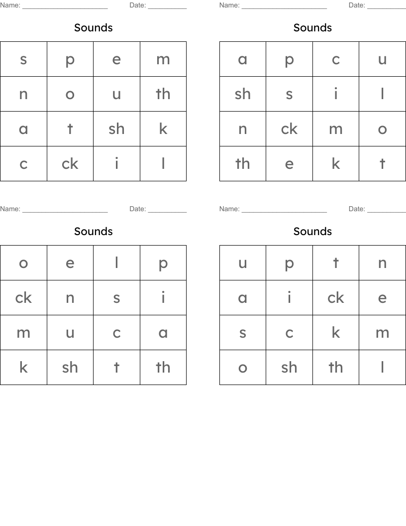 Sounds Bingo Cards