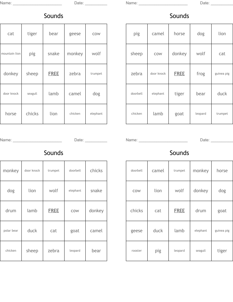 Sounds Bingo Cards