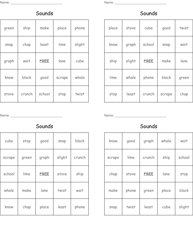 Sounds Bingo Cards