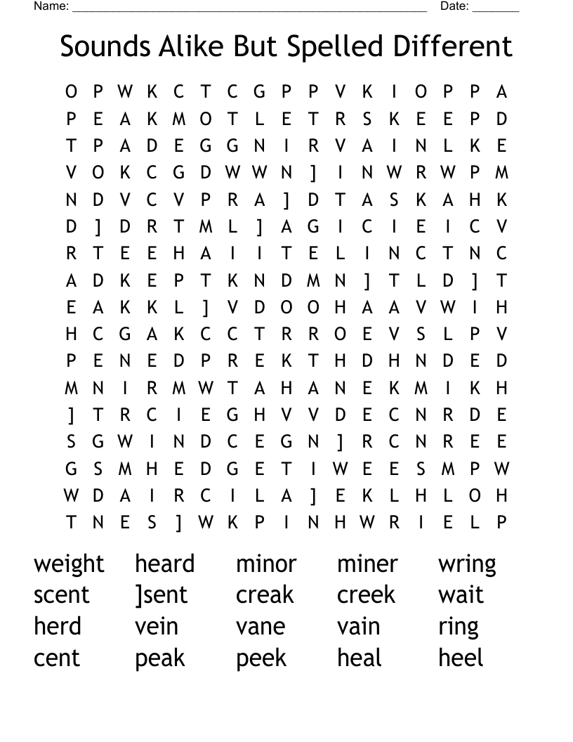 Sounds Alike But Spelled Different Word Search
