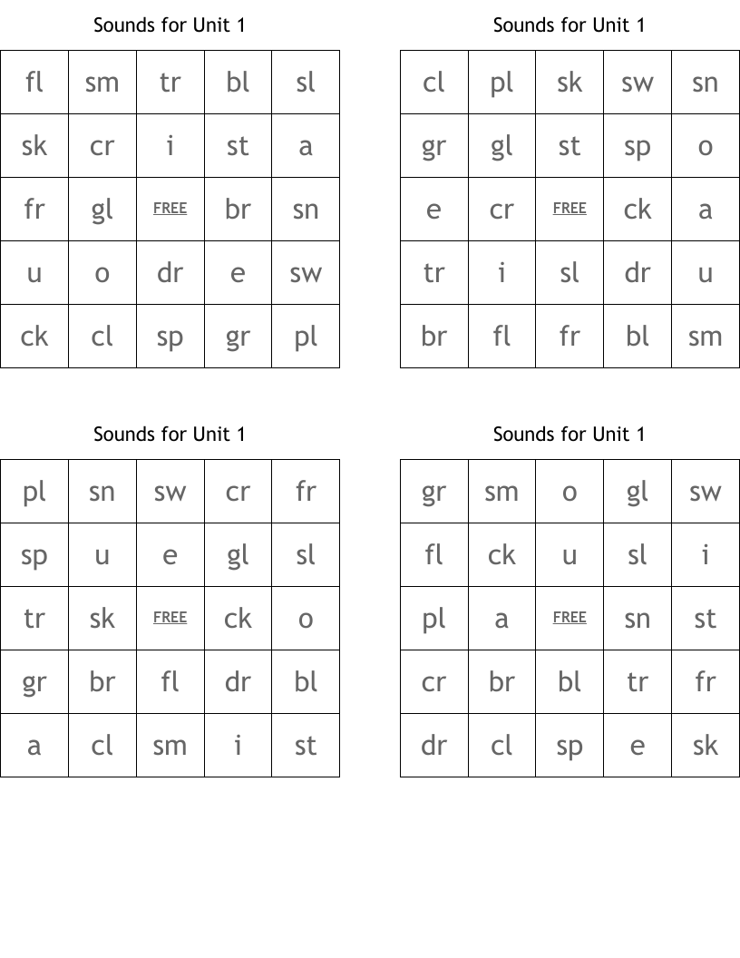 Sounds for Unit 1 Bingo Cards