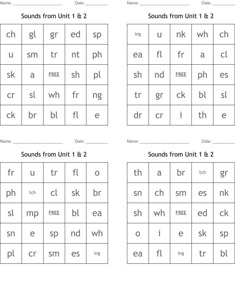 Sounds from Unit 1 & 2  Bingo Cards