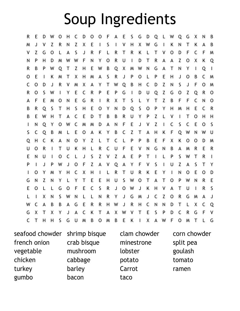 Soup Ingredients Word Search