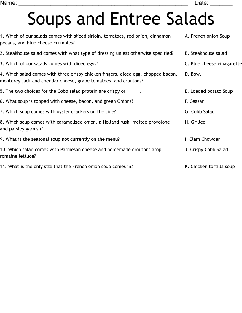 Soups and Entree Salads Worksheet